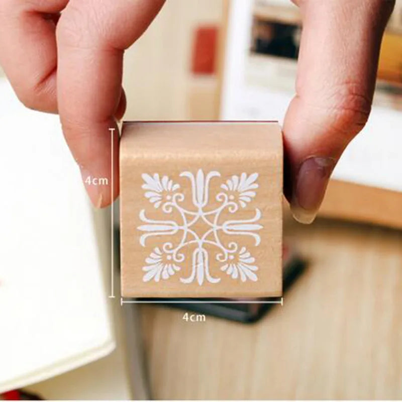 6 Patterns Vintage Square Floral Flower Wooden Rubber Stamp