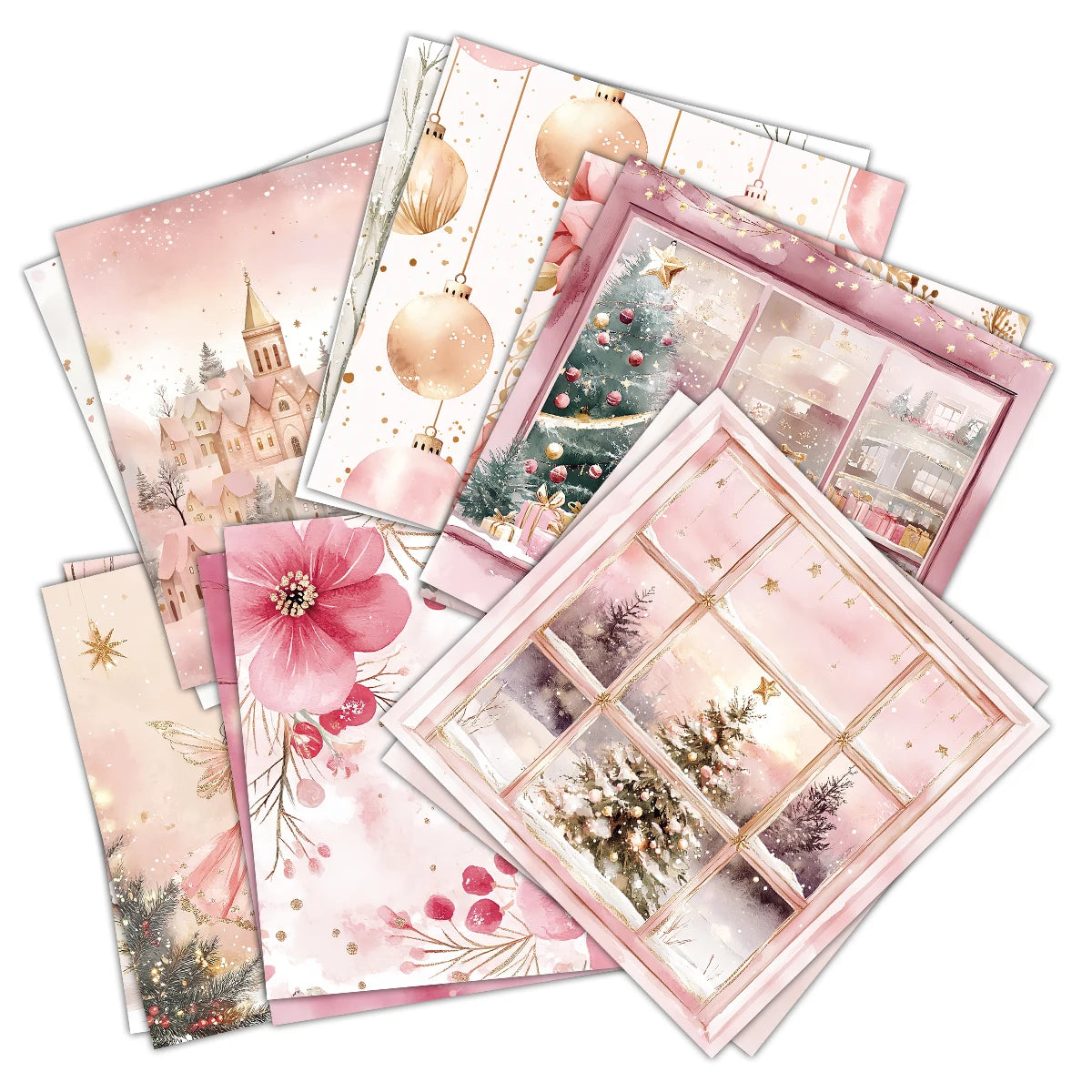 12pc Vintage Pink Christmas Scrapbook Paper