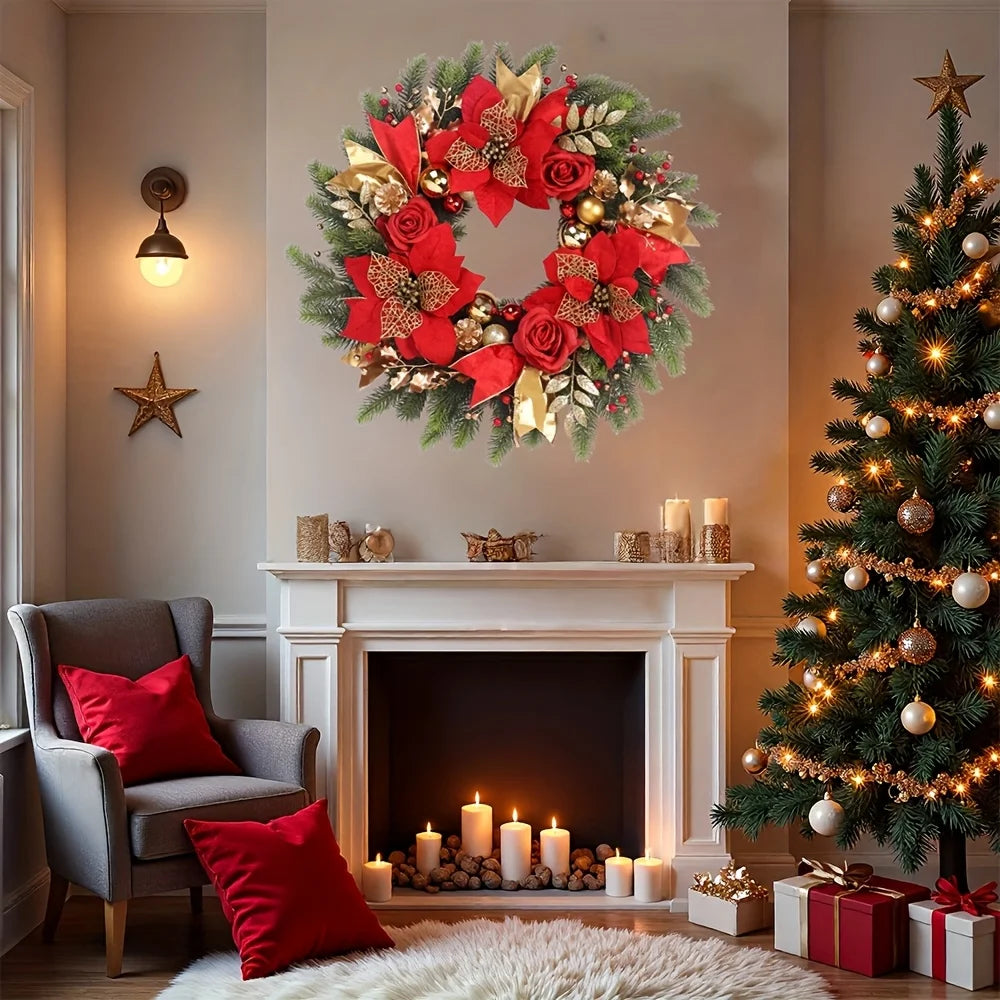 1 x 20" Holiday Christmas Wreath with Red Roses Gold Balls and Pinecones