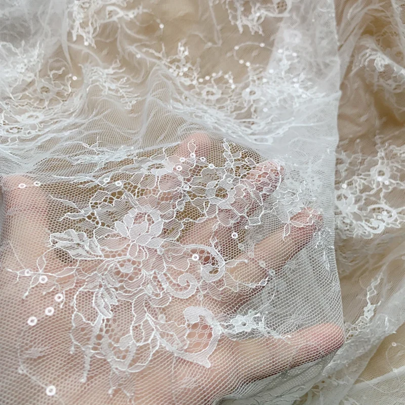 Sparkling Sequins Embroidered on Woven Thin Lace Fabric
