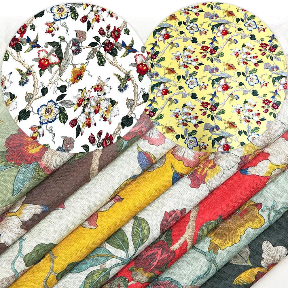 Classic Floral and Bird Linen Cotton Printed Fabric
