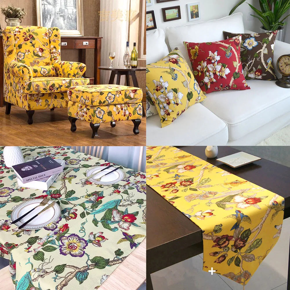 Classic Floral and Bird Linen Cotton Printed Fabric