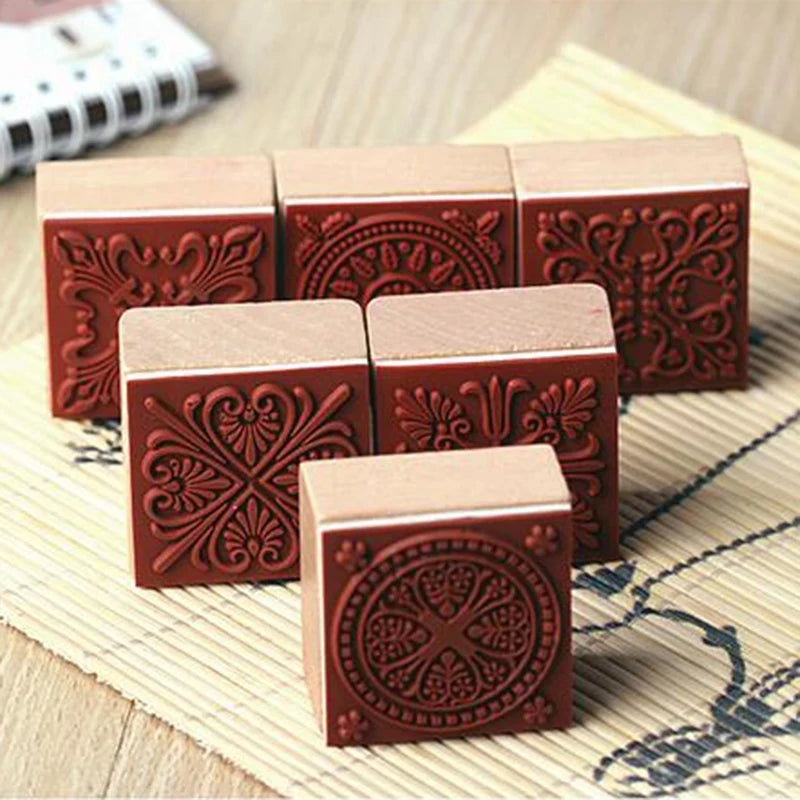 6 Patterns Vintage Square Floral Flower Wooden Rubber Stamp