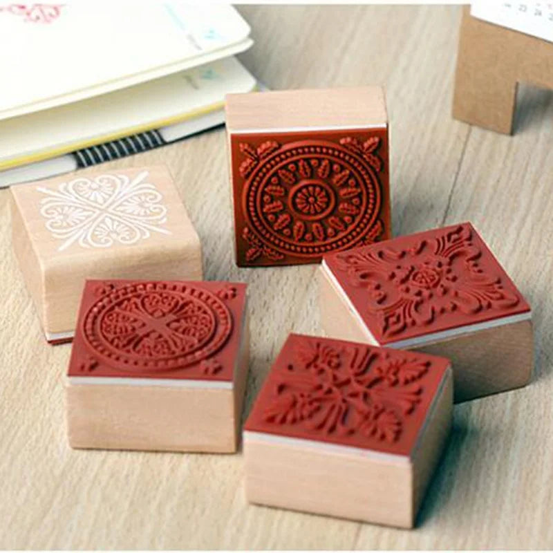 6 Patterns Vintage Square Floral Flower Wooden Rubber Stamp