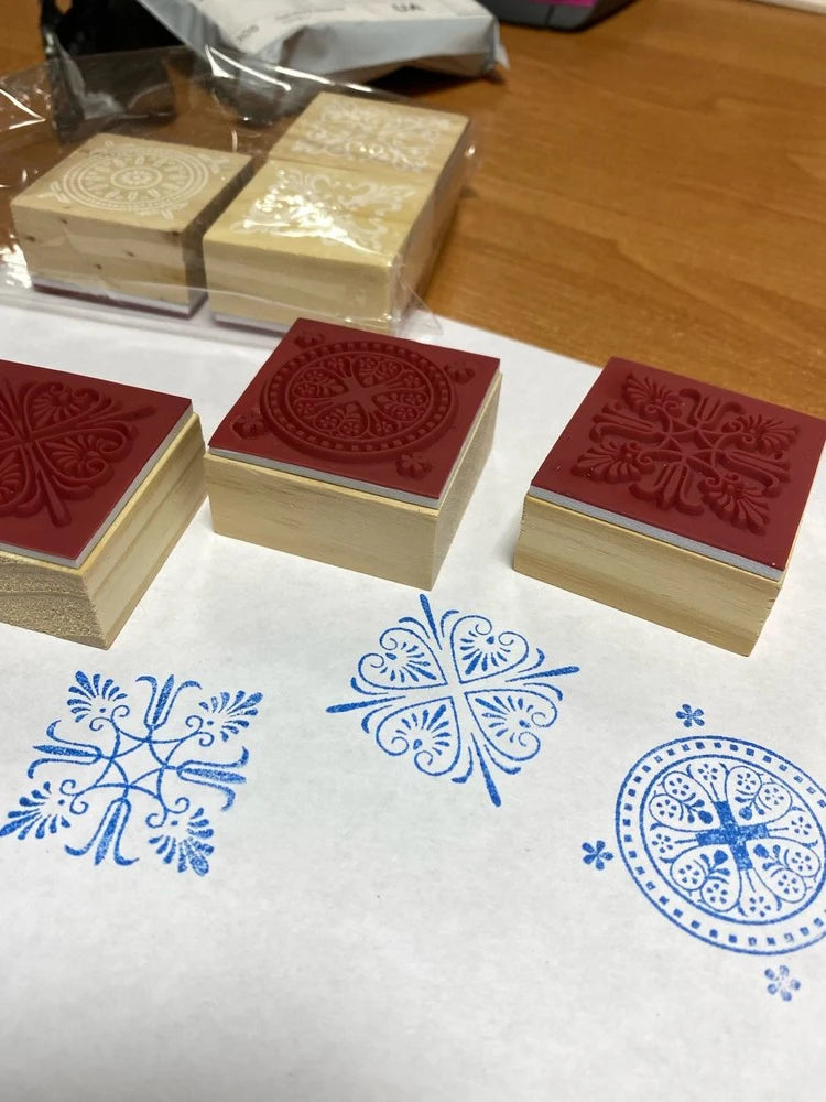 6 Patterns Vintage Square Floral Flower Wooden Rubber Stamp