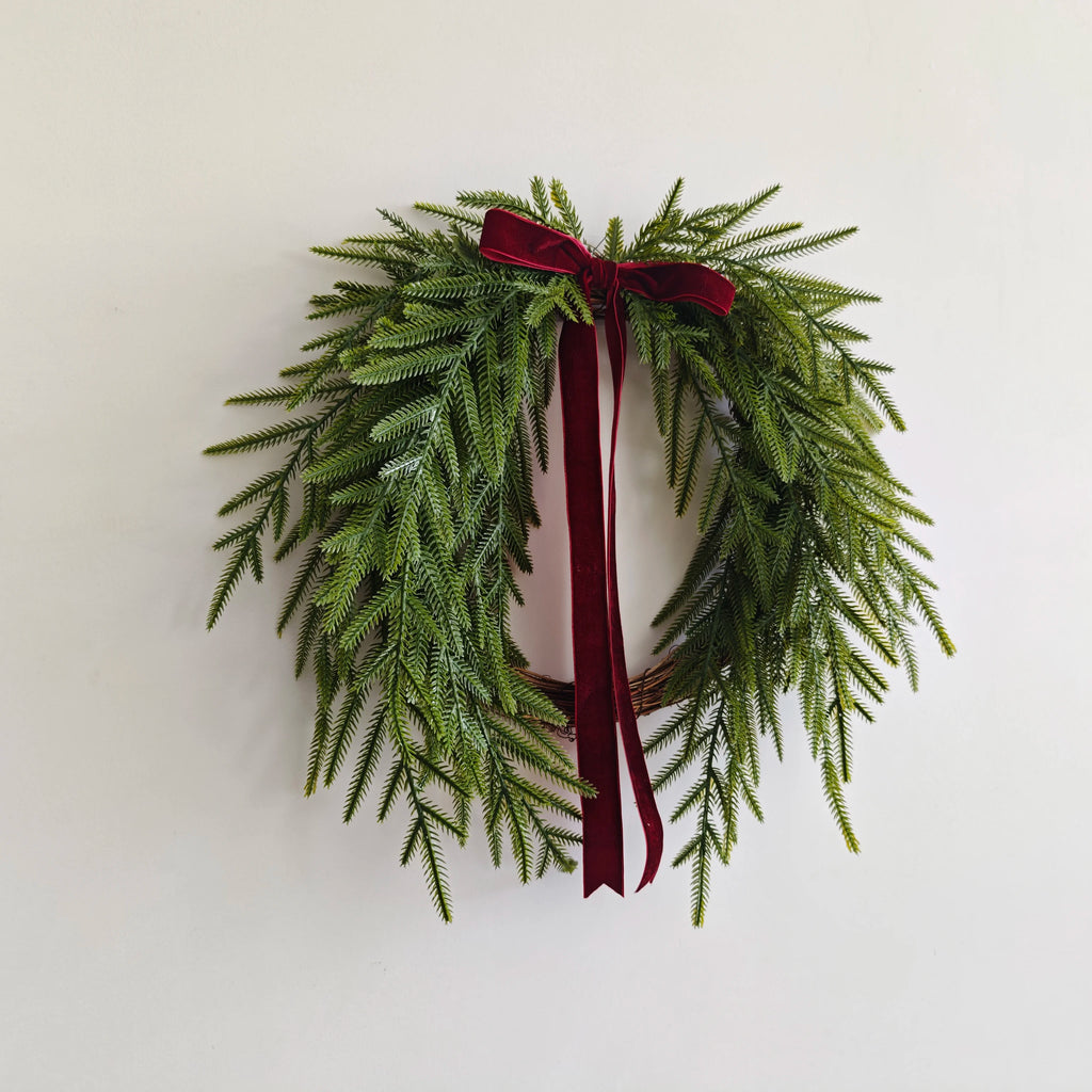 Wreath Lifelike Pine Needle Burgundy Velvet Bow