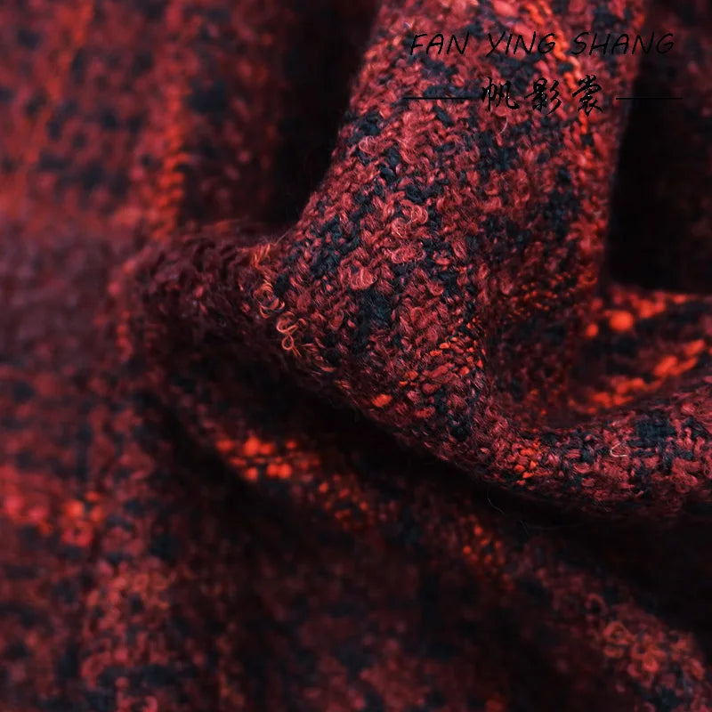 Dark Red Black Butterfly Gauze Plaid Tweed Fabric