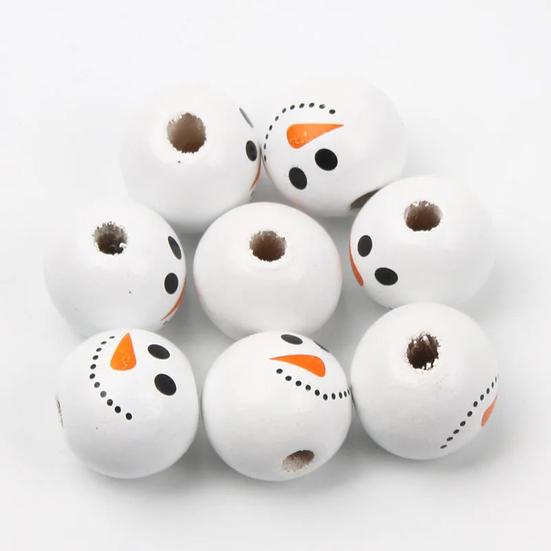 10pcs Christmas Snowman Pattern Round Balls Wood Spacer Beads
