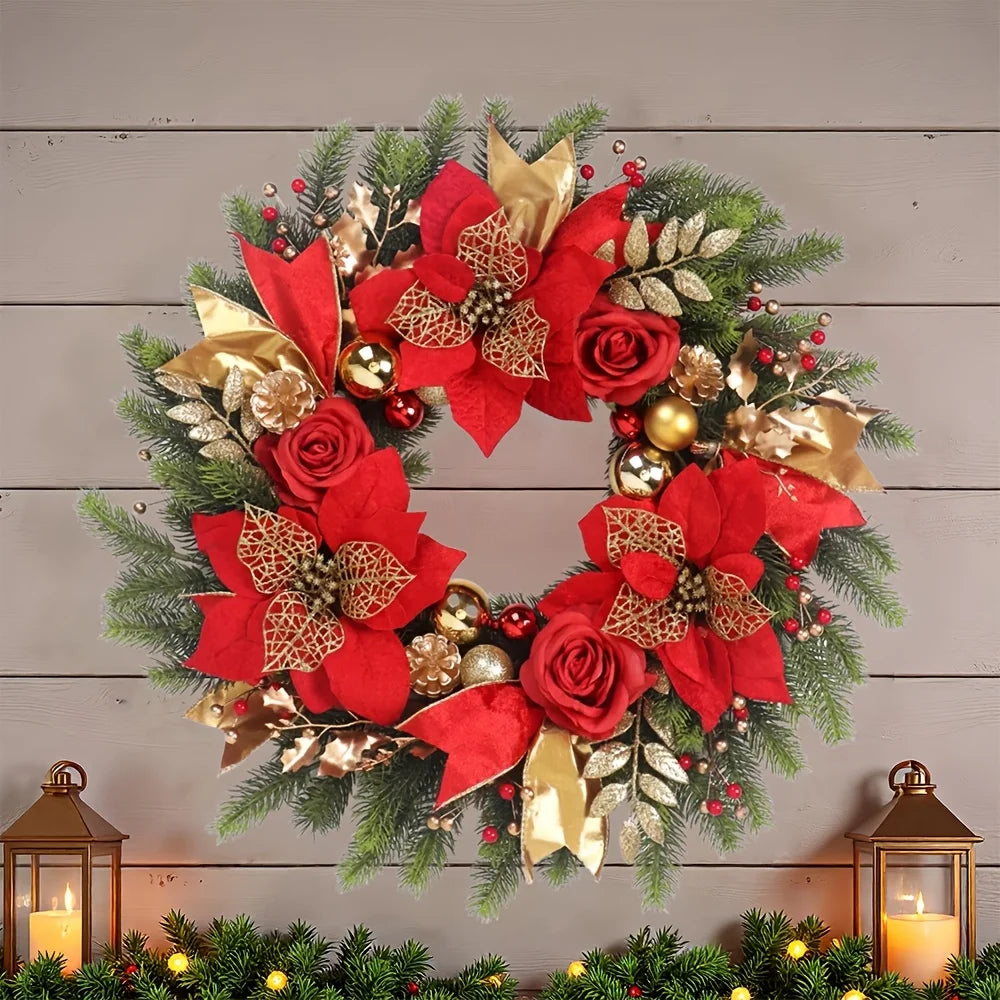 1 x 20" Holiday Christmas Wreath with Red Roses Gold Balls and Pinecones