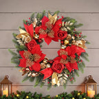 1 x 20" Holiday Christmas Wreath with Red Roses Gold Balls and Pinecones