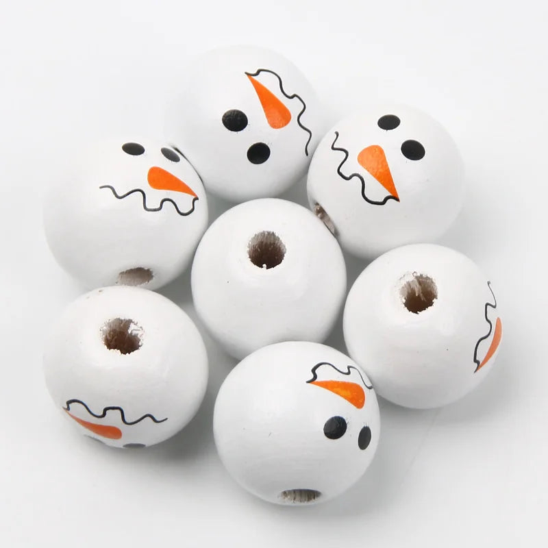 10pcs Christmas Snowman Pattern Round Balls Wood Spacer Beads