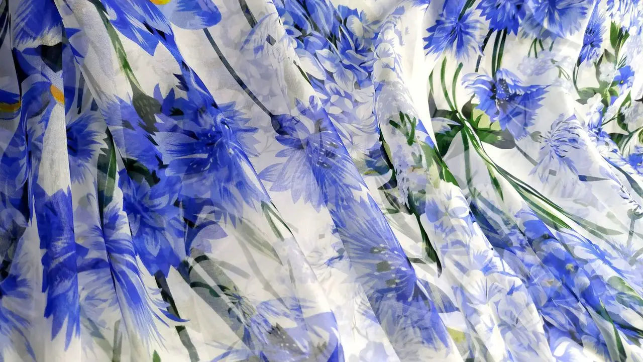 Printed Blue Flowers White Porcelain Pattern Chiffon Fabric