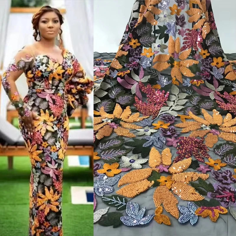 1 Yards 3D Embroidery Mesh Flower Sequin Fabric