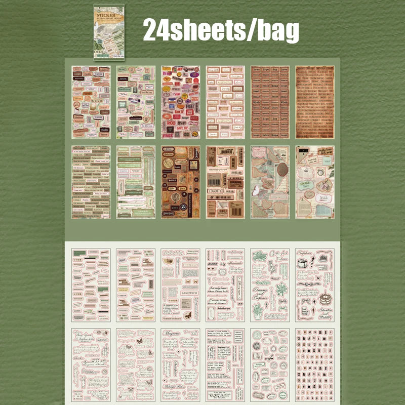 24 pcs Vintage Library Sticker Book, English Lettering Journal Supplies