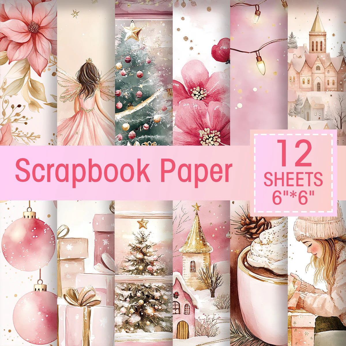 12pc Vintage Pink Christmas Scrapbook Paper