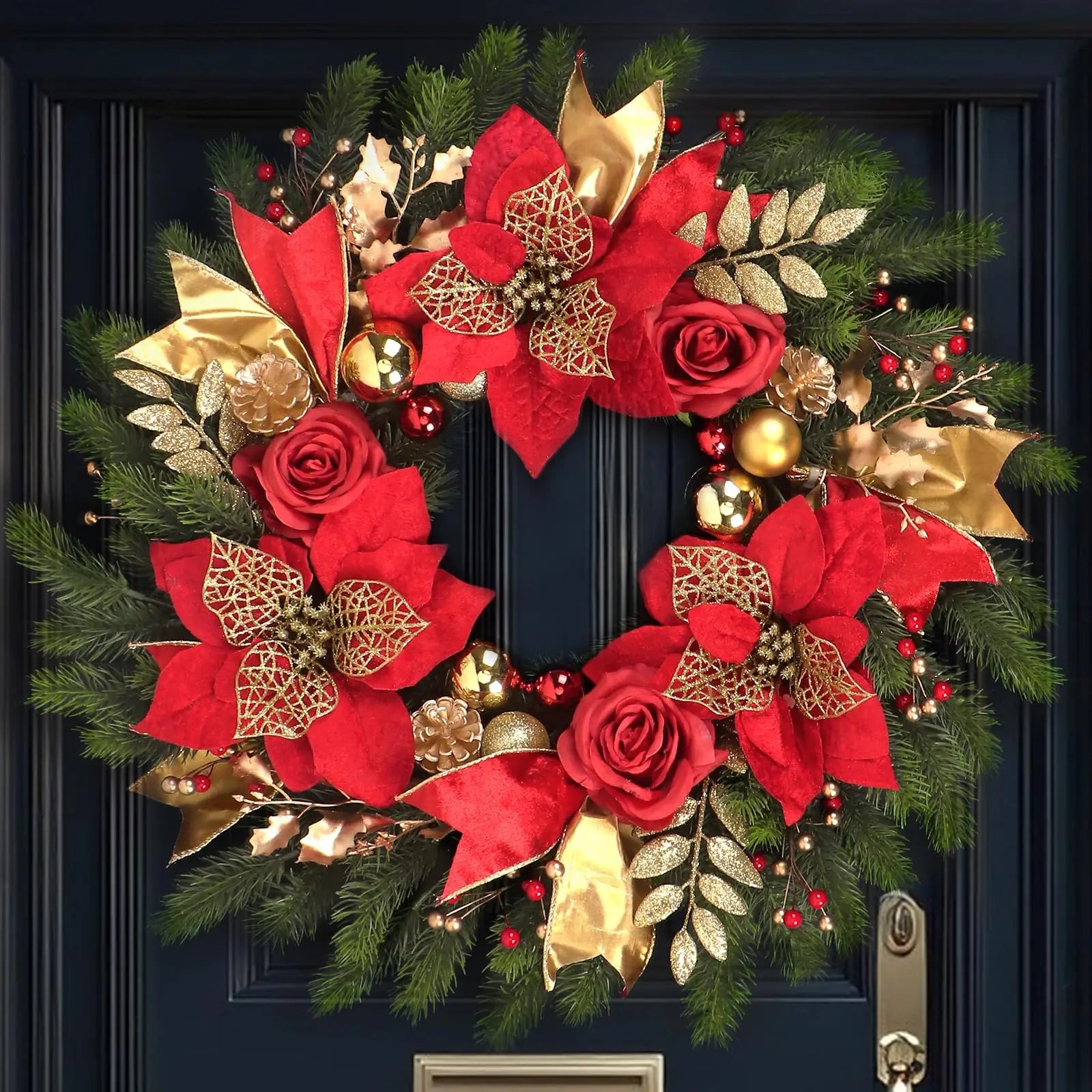 1 x 20" Holiday Christmas Wreath with Red Roses Gold Balls and Pinecones