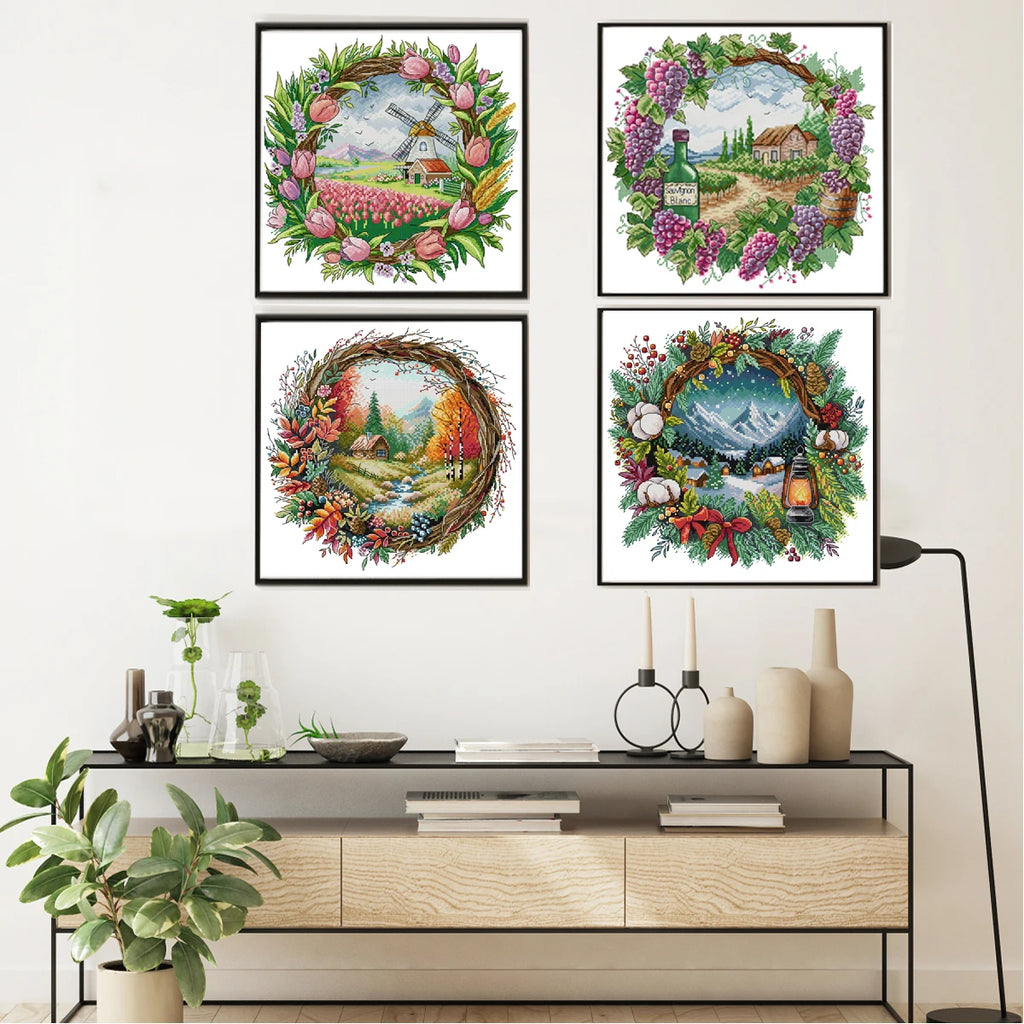 The Four Seasons Scenery Series in The Wreath Cross Stitch Kit