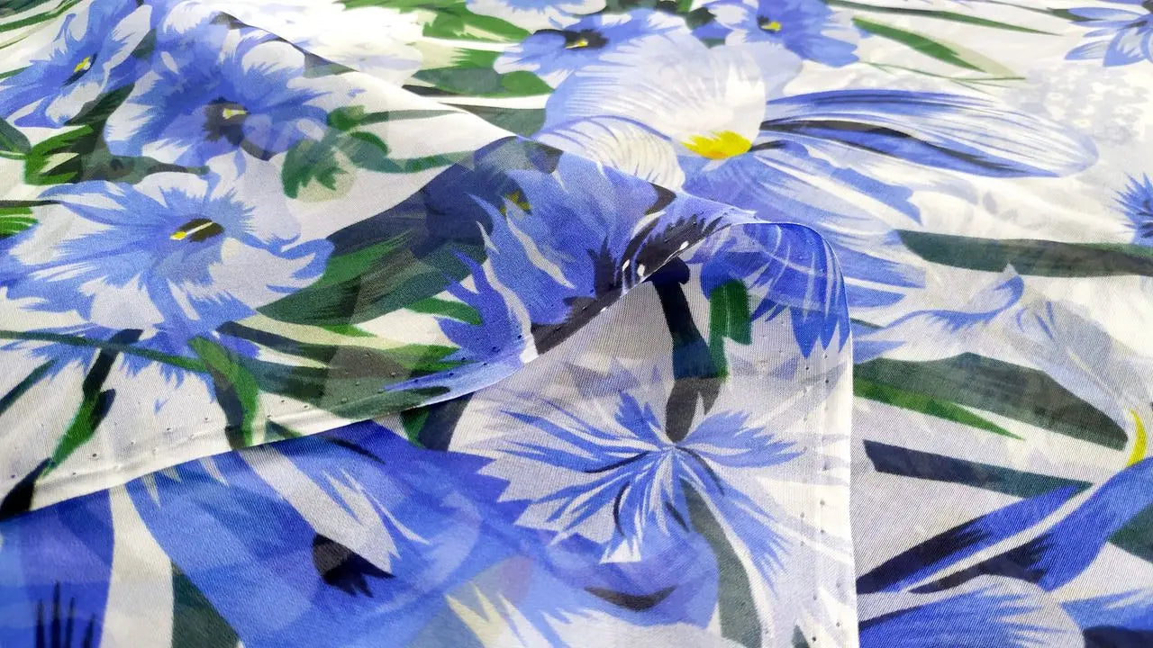 Printed Blue Flowers White Porcelain Pattern Chiffon Fabric