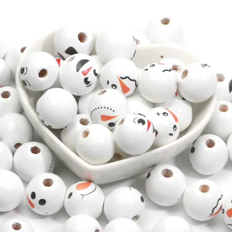 10pcs Christmas Snowman Pattern Round Balls Wood Spacer Beads