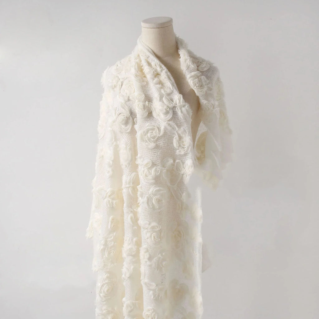 Beige Color Velvet 3D Rose Embossed Embroidered Fabric