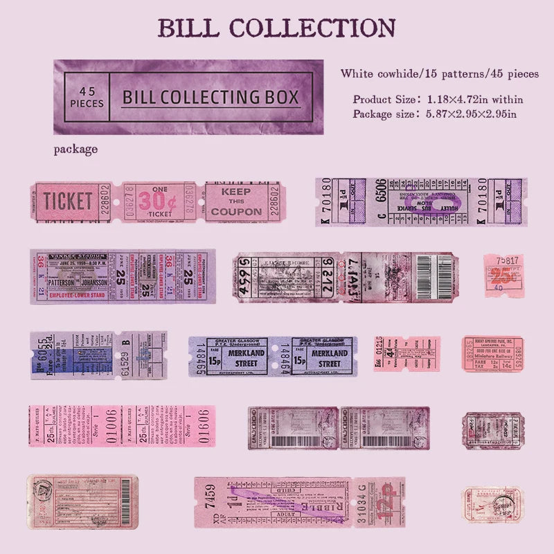 Vintage Boxed Stickers 45 pcs Ticket Style Retro Decor Sticker Scrapbooking
