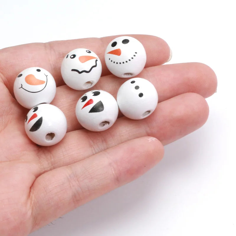 10pcs Christmas Snowman Pattern Round Balls Wood Spacer Beads