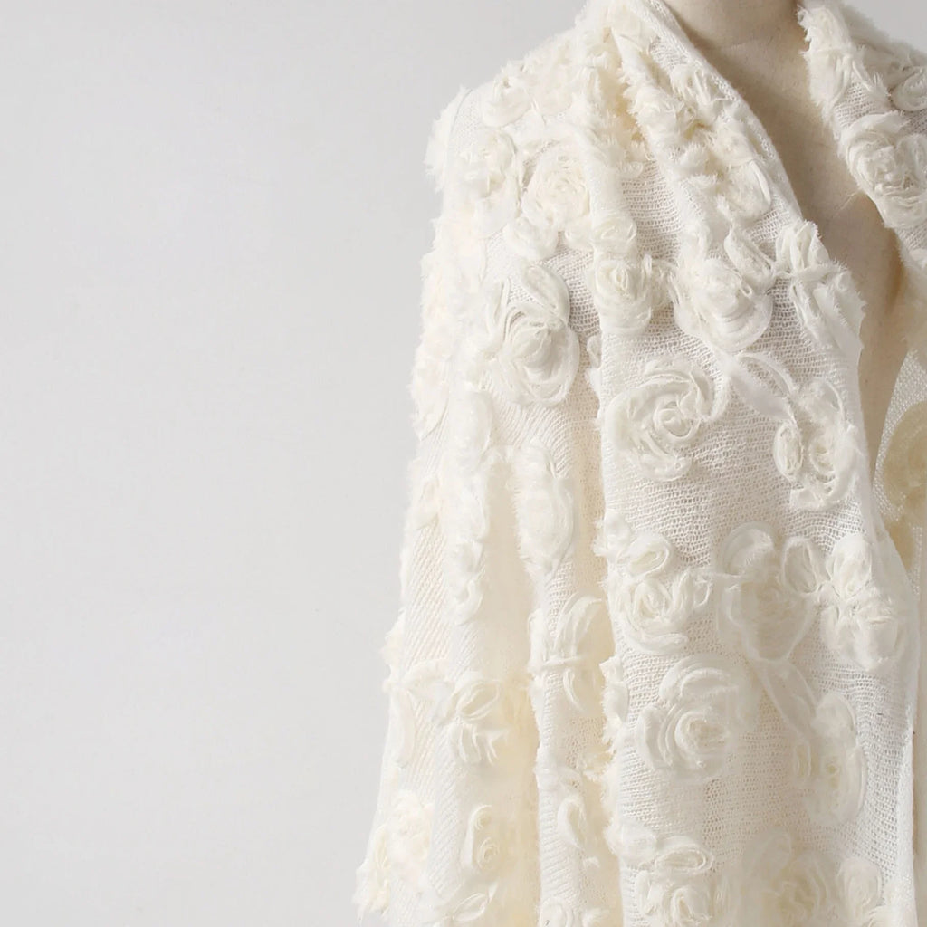 Beige Color Velvet 3D Rose Embossed Embroidered Fabric