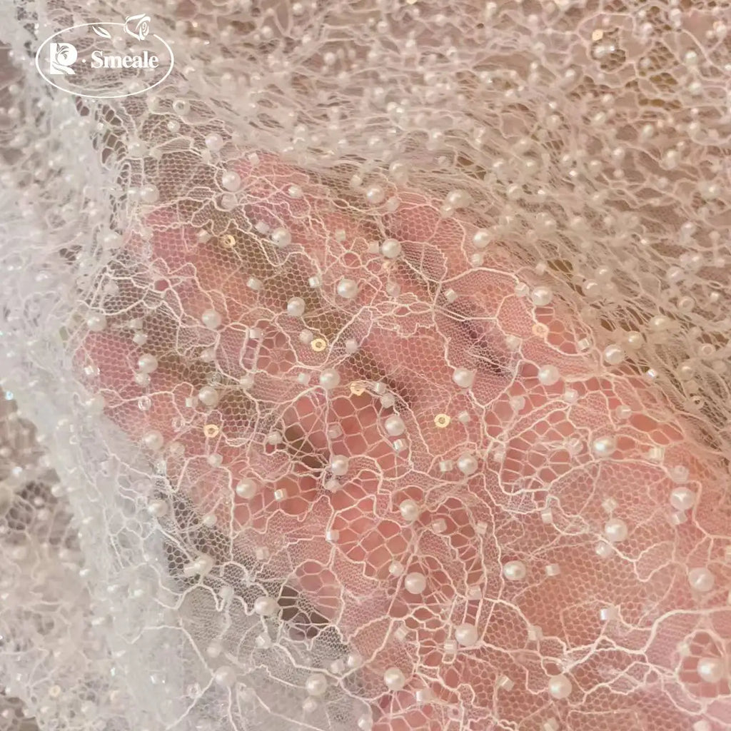 White Beads Sequins Lace Fabric