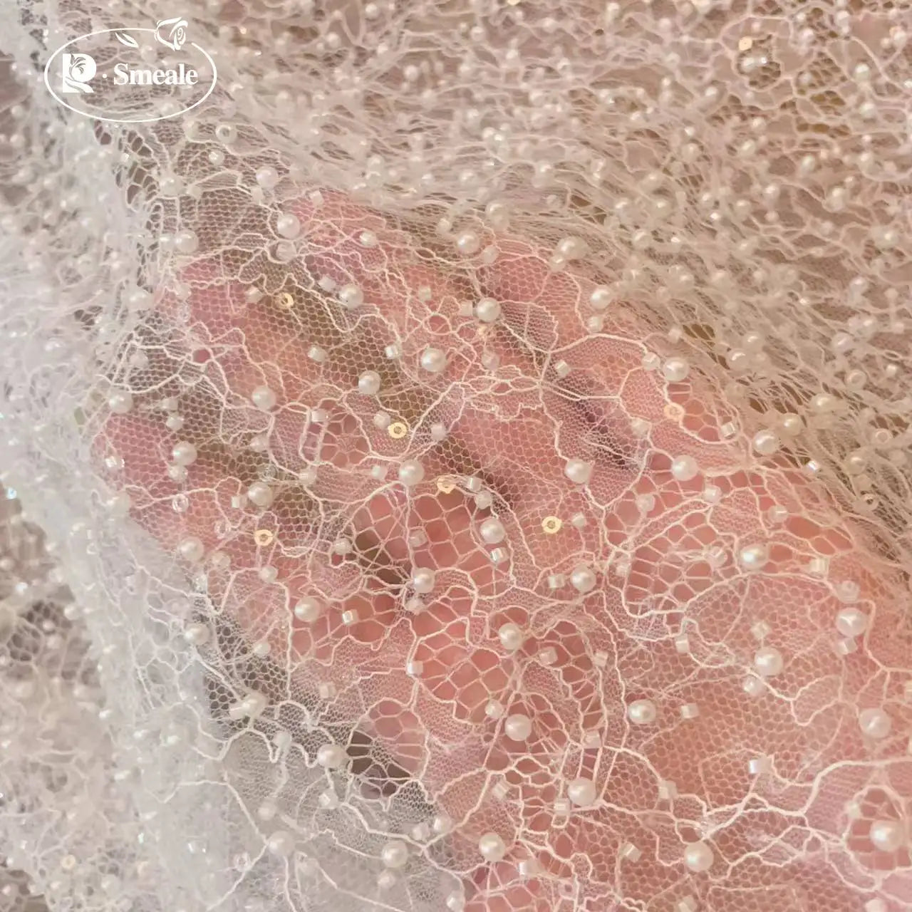 White Beads Sequins Lace Fabric