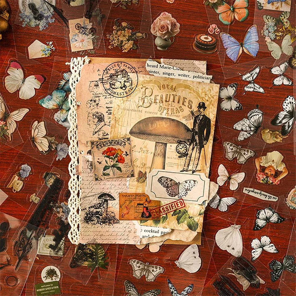 100 Sheets Vintage Butterfly Plant Flower Scrapbook Stickers