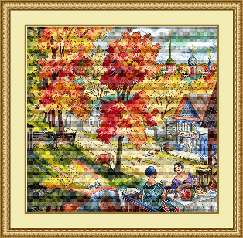 City Autumn Scenery 18CT 16CT 14CT Unprinted Top Quality Cross Stitch Kits