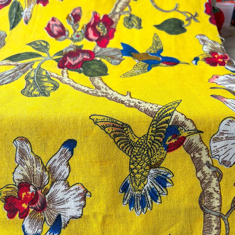 Classic Floral and Bird Linen Cotton Printed Fabric
