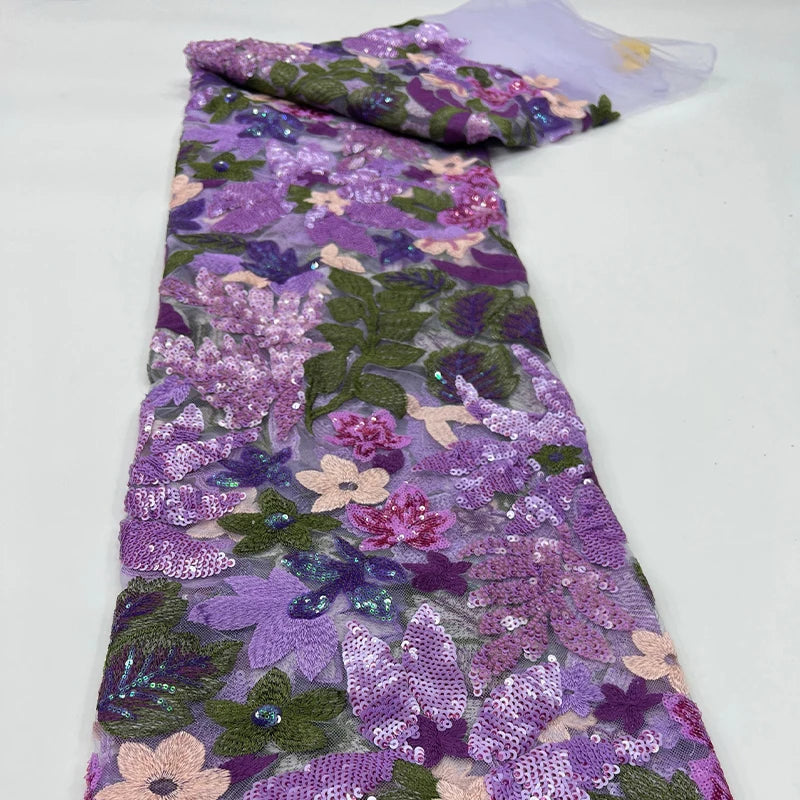 1 Yards 3D Embroidery Mesh Flower Sequin Fabric