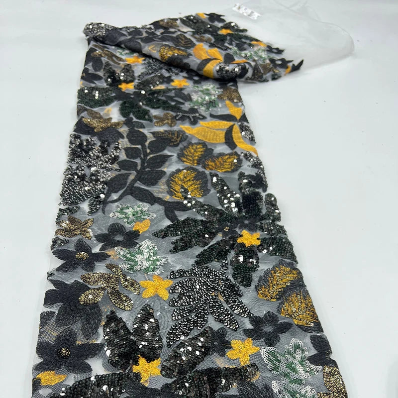 1 Yards 3D Embroidery Mesh Flower Sequin Fabric