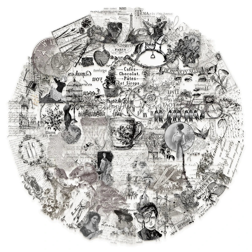 10/30/50pcs Vintage Pet Transparent Black White Art Stickers