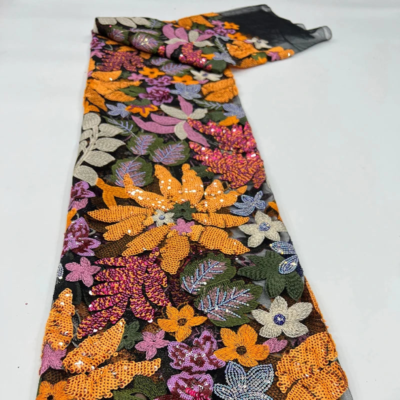 1 Yards 3D Embroidery Mesh Flower Sequin Fabric