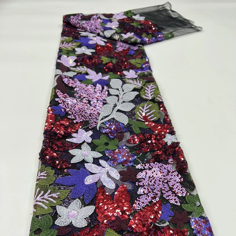 1 Yards 3D Embroidery Mesh Flower Sequin Fabric