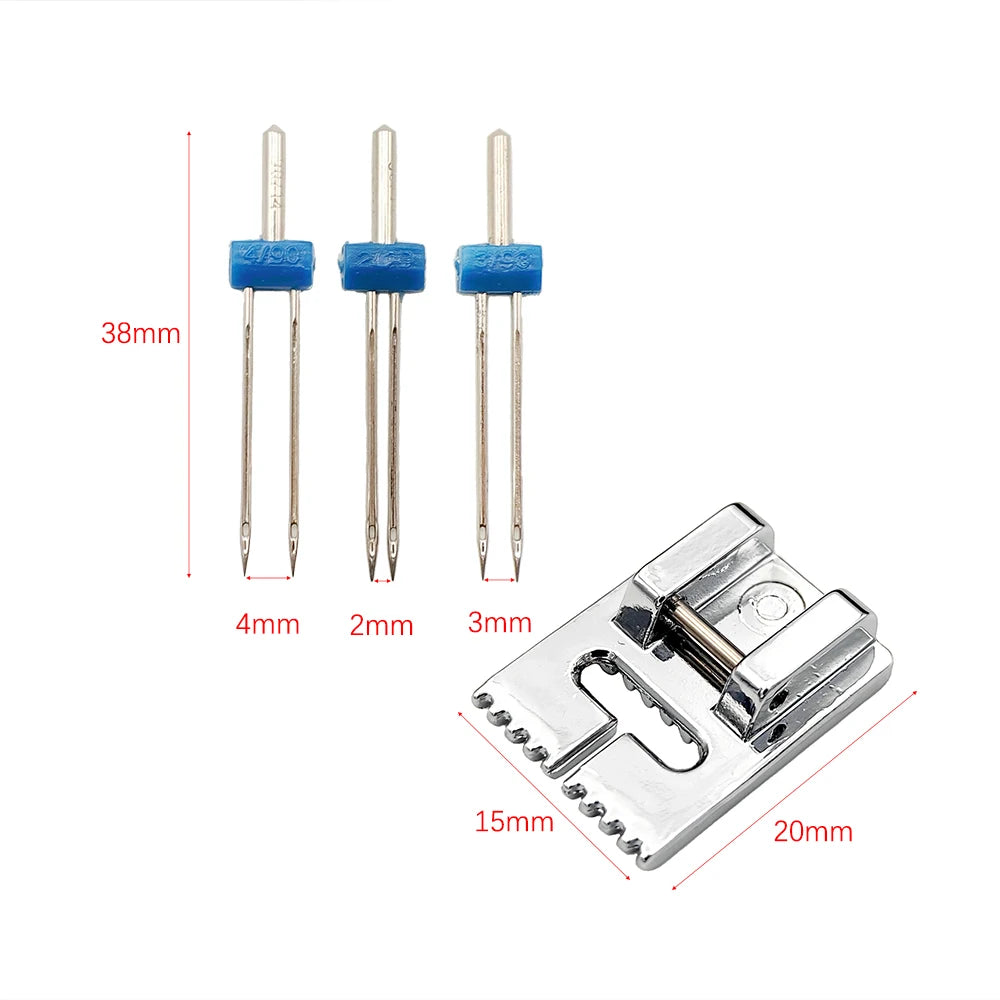 3Pcs/Set Double Needles Size 2/3/4mm And Wrinkled 9 Grooves Sewing Presser Foot