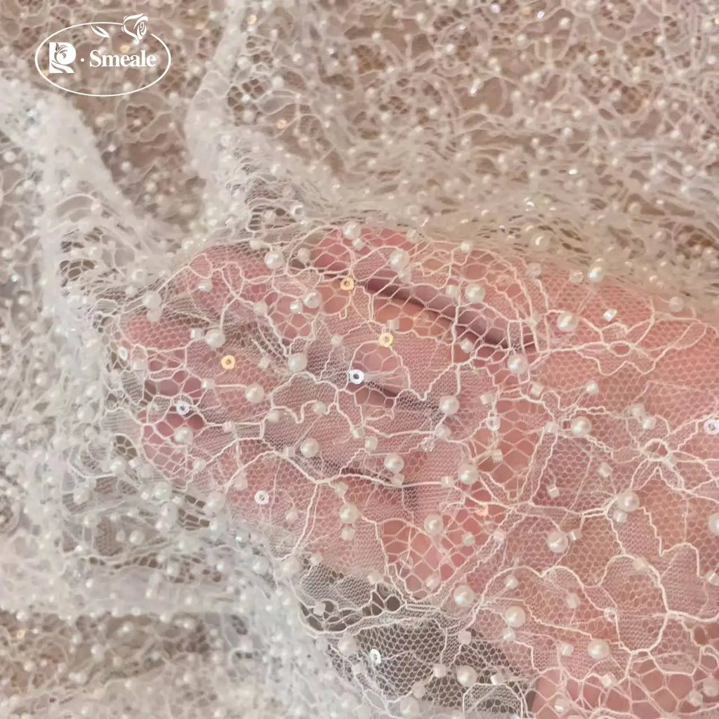 White Beads Sequins Lace Fabric