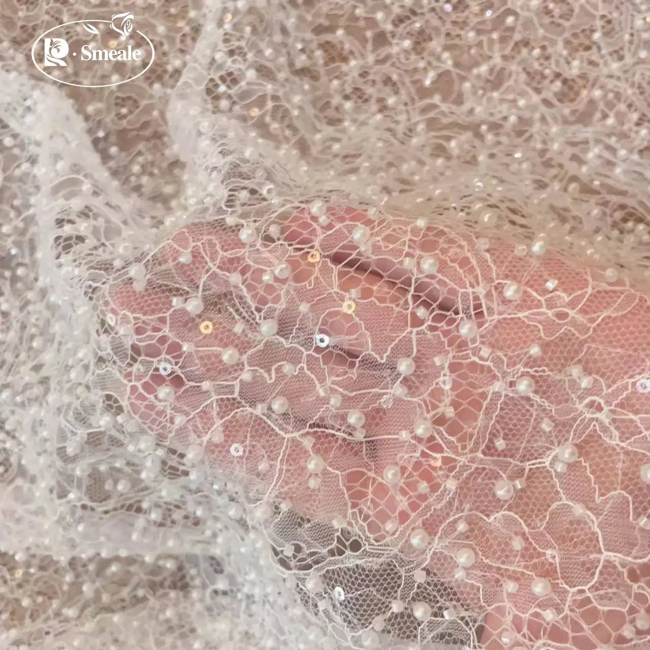 White Beads Sequins Lace Fabric