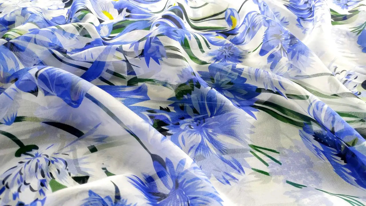 Printed Blue Flowers White Porcelain Pattern Chiffon Fabric