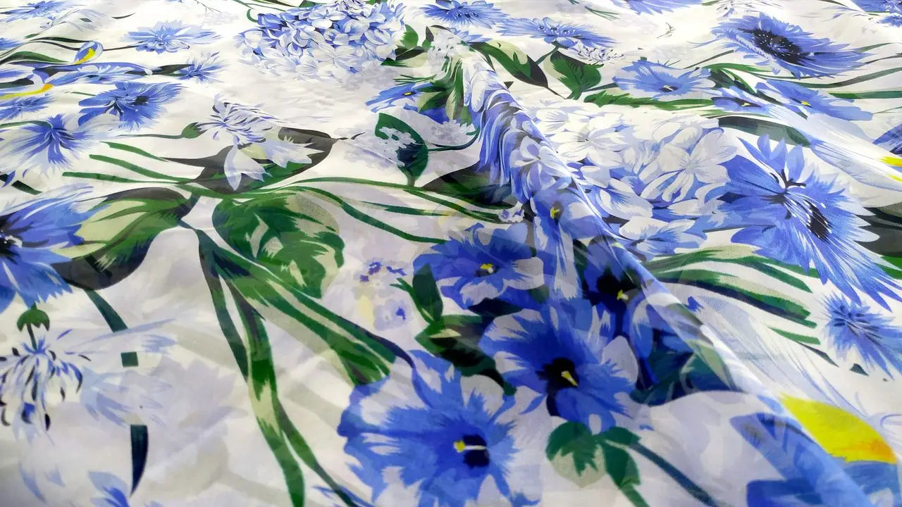 Printed Blue Flowers White Porcelain Pattern Chiffon Fabric