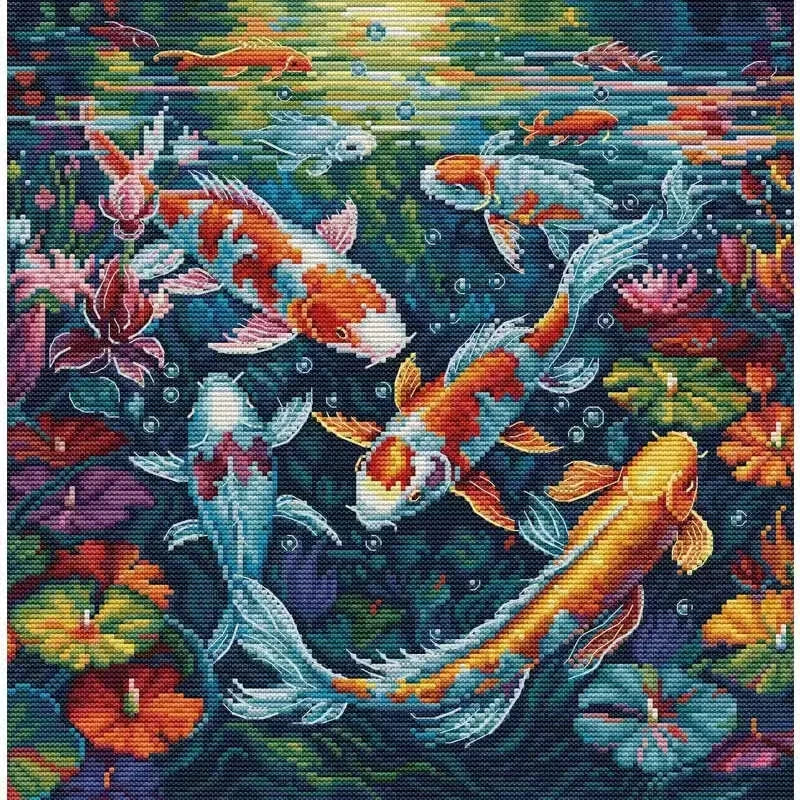 Aquarium fish carp Lotus 16CT 14CT Unprinted Top Quality Cross Stitch Kit