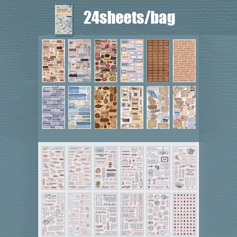 24 pcs Vintage Library Sticker Book, English Lettering Journal Supplies