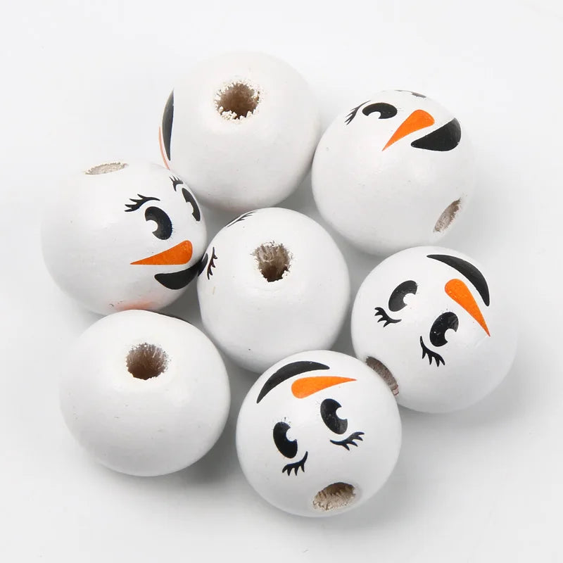 10pcs Christmas Snowman Pattern Round Balls Wood Spacer Beads