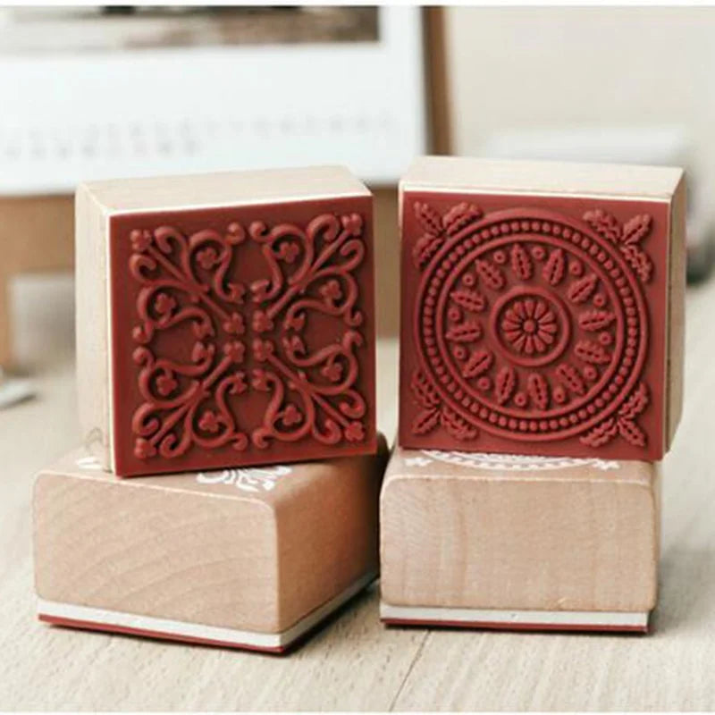 6 Patterns Vintage Square Floral Flower Wooden Rubber Stamp