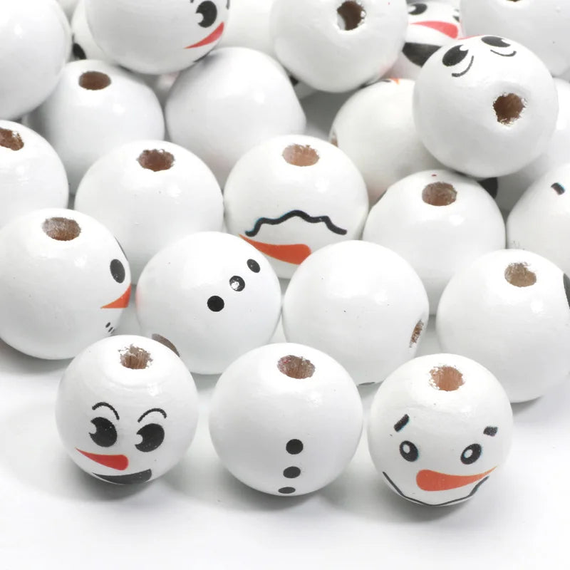 10pcs Christmas Snowman Pattern Round Balls Wood Spacer Beads