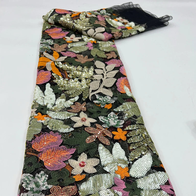 1 Yards 3D Embroidery Mesh Flower Sequin Fabric