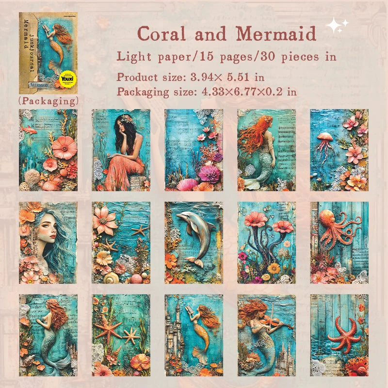 30Pcs Mermaid Series Scrapbooking Paper