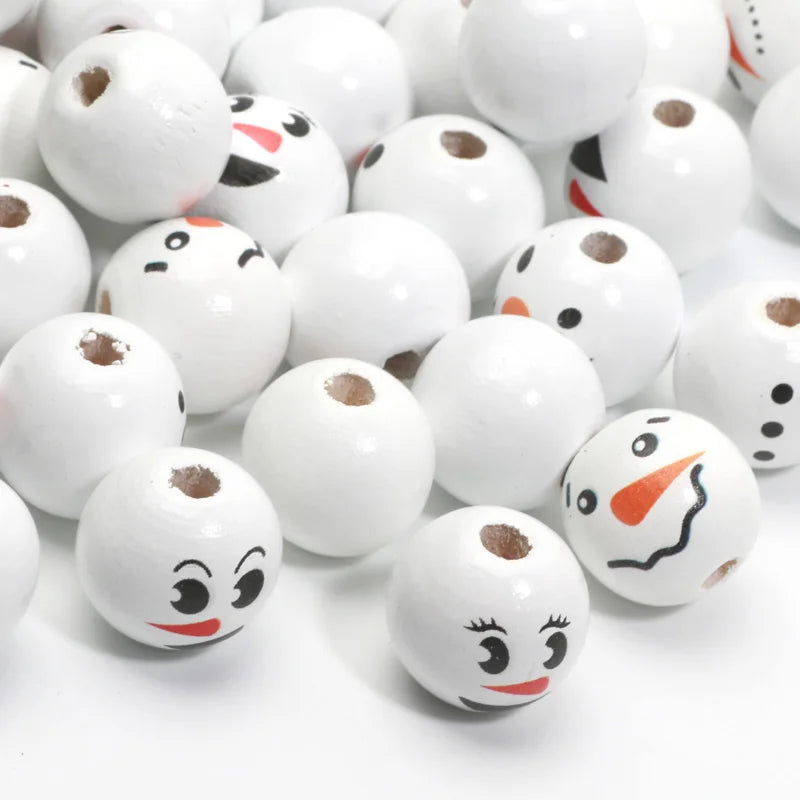 10pcs Christmas Snowman Pattern Round Balls Wood Spacer Beads
